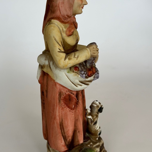 Vintage Homco Farming Figurine Woman With Fruit Basket and Dog 8” - Picture 4 of 5